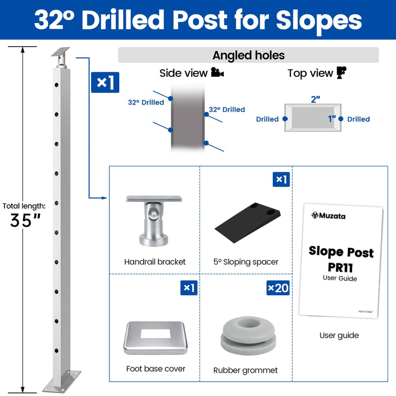 Load image into Gallery viewer, Muzata 36&quot; Brushed Stainless Steel Slope Post, Angled Drilled  PR11 LA4S
