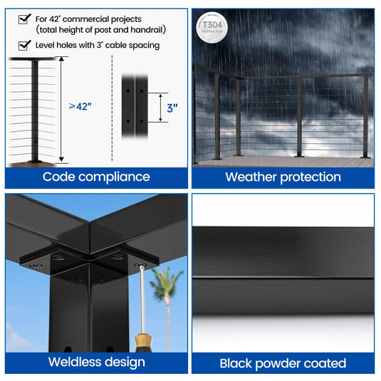 Muzata 42" Black Stainless Steel Top Mount Corner Post, PS02 B34L