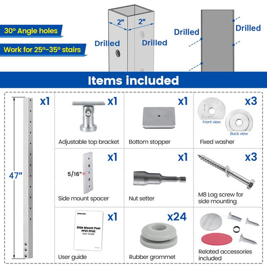 Muzata 42"x2"x2" Adjustable Top Brushed Stainless Side Mount Post, PF01 LB4L