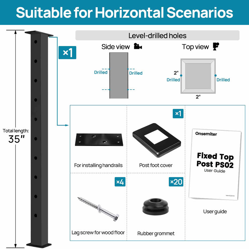 Load image into Gallery viewer, Onsemiter 36&quot; Black Stainless Steel Top Mount Post, Level Drilled
