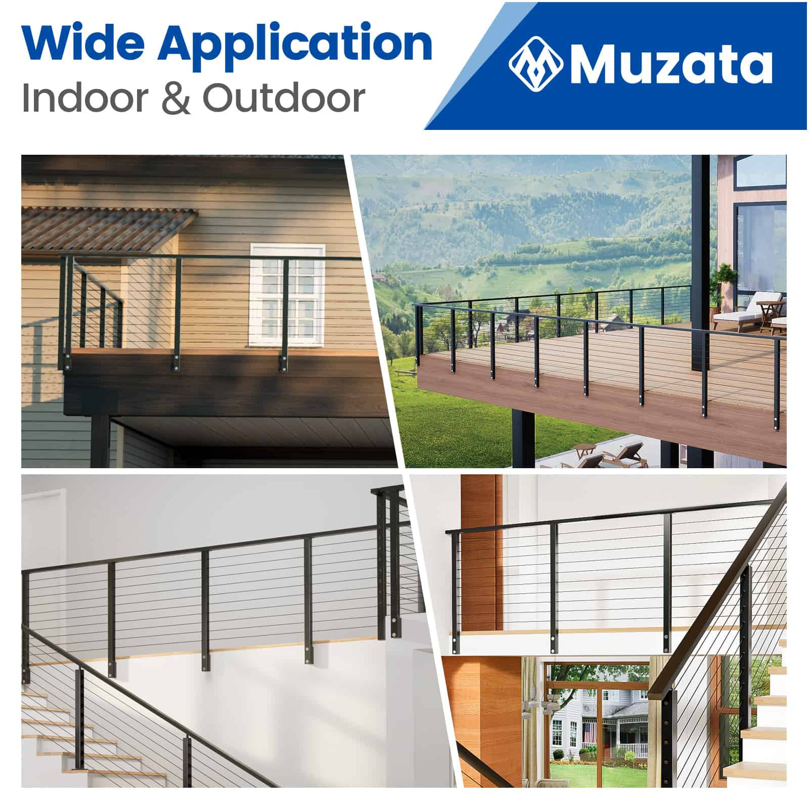 Versatile Muzata black side mount posts installed in indoor and outdoor spaces.