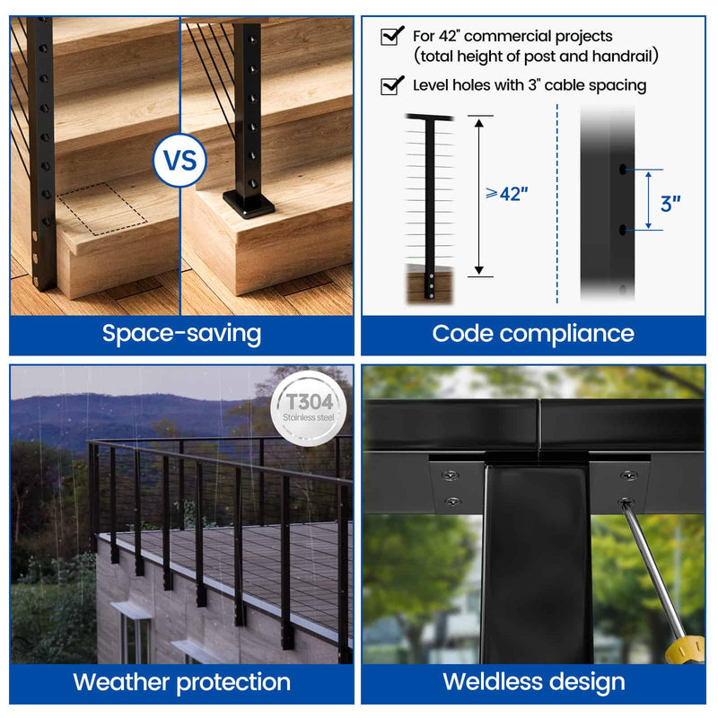 Load image into Gallery viewer, Muzata 42&quot; Black Stainless Steel Side Mount Post, Level Drilled  PF02 BH4L
