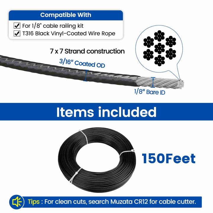 BENECREAT 40m Black Vinyl Coated Stainless Steel Wire Rope - 2mm OD, 7x7 Strands