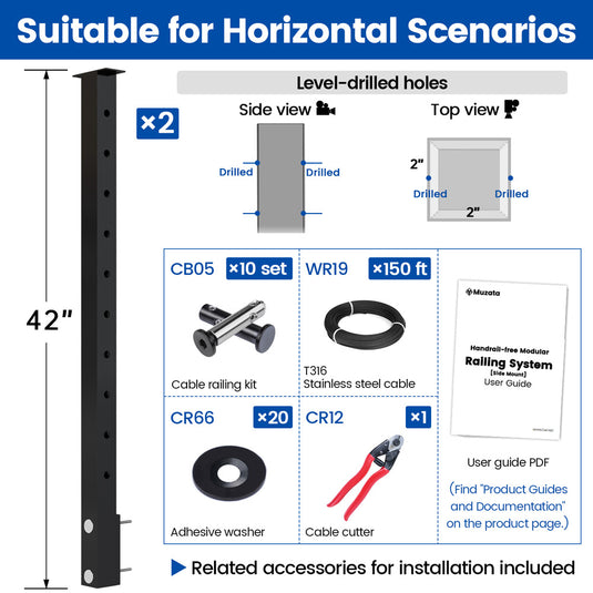 Muzata 36" Black Horizontal Side Mount 4ft-20ft Cable Railing System DIY Kit (No Handrail)