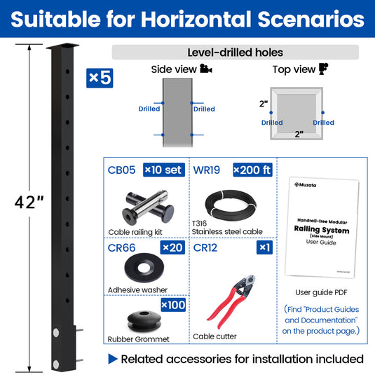 Muzata 36" Black Horizontal Side Mount 4ft-20ft Cable Railing System DIY Kit (No Handrail)