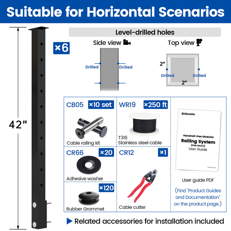 Load image into Gallery viewer, Muzata 36&quot; Black Horizontal Side Mount 4ft-20ft Cable Railing System DIY Kit (No Handrail)
