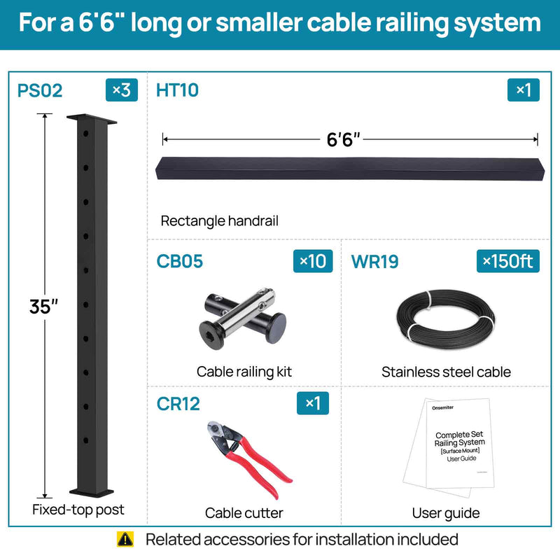 Load image into Gallery viewer, Onsemiter 36&quot; 6.5 ft Level Black Surface Mount Complete DIY Cable Railing Kit
