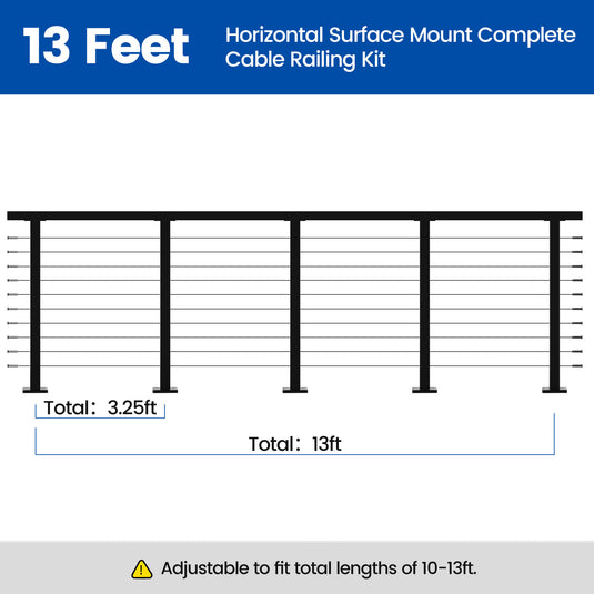 Muzata 36" 13ft Black Surface Mount Cable Railing Kit Horizontal