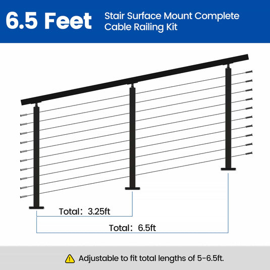 Muzata 36" 6.5ft Black Surface Mount Cable Railing Kit Stair