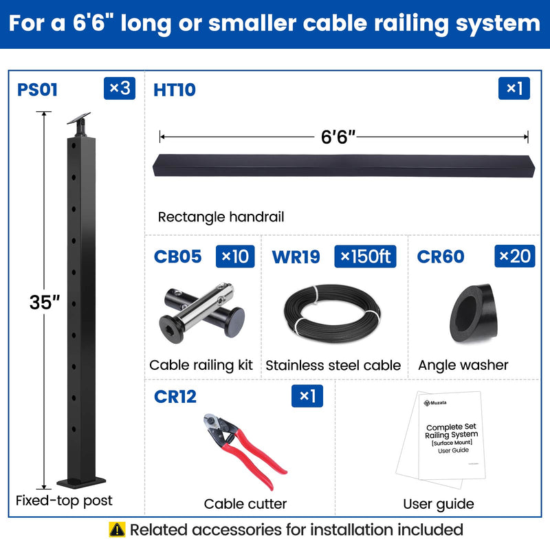 Load image into Gallery viewer, Muzata 36&quot; 6.5ft Black Surface Mount Stair Cable Railing Kit Detail
