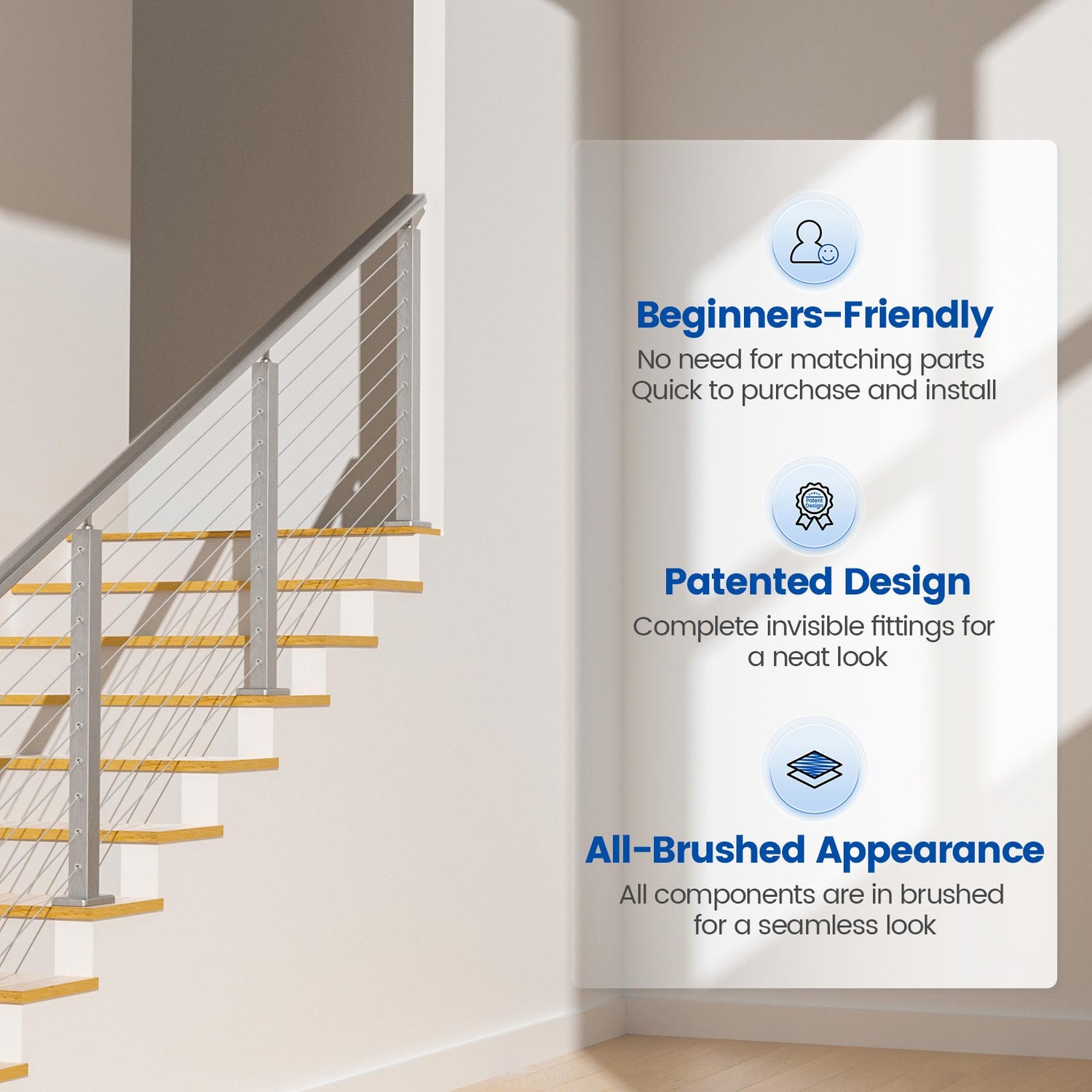 Muzata 36 Brushed Surface Stair Cable Railing System - All-in-One DIY Kit