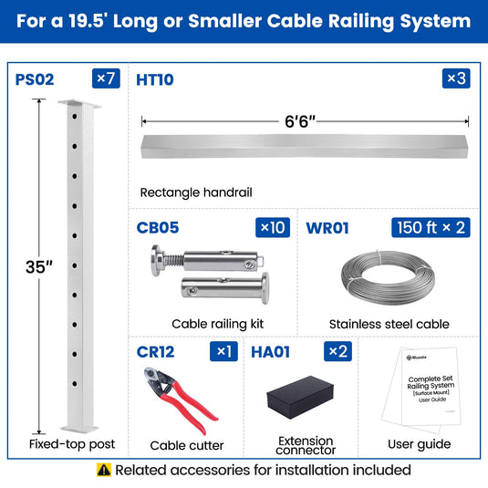 LG01060051 Muzata 19.5ft Brushed Surface Mount Horizontal Cable Railing Kit Detail