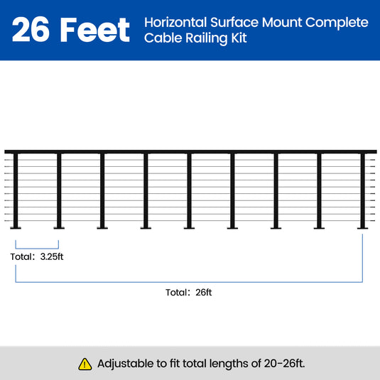 Muzata 36" 26ft Black Surface Mount Cable Railing Kit Horizontal