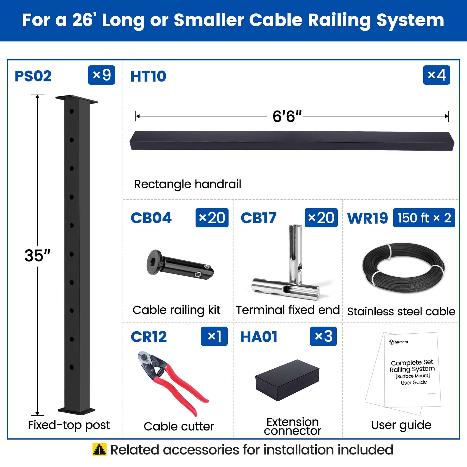 LG01060052 cable railing kit dimensions and package contents