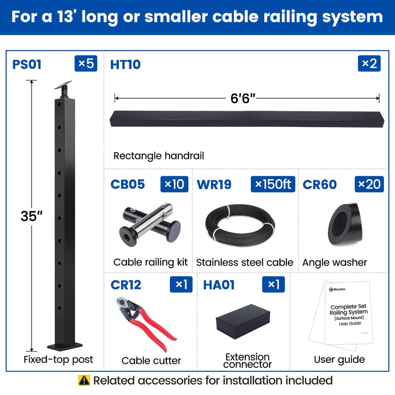 Load image into Gallery viewer, Muzata 36&quot; 13ft Black Surface Mount Stair Cable Railing Kit Detail
