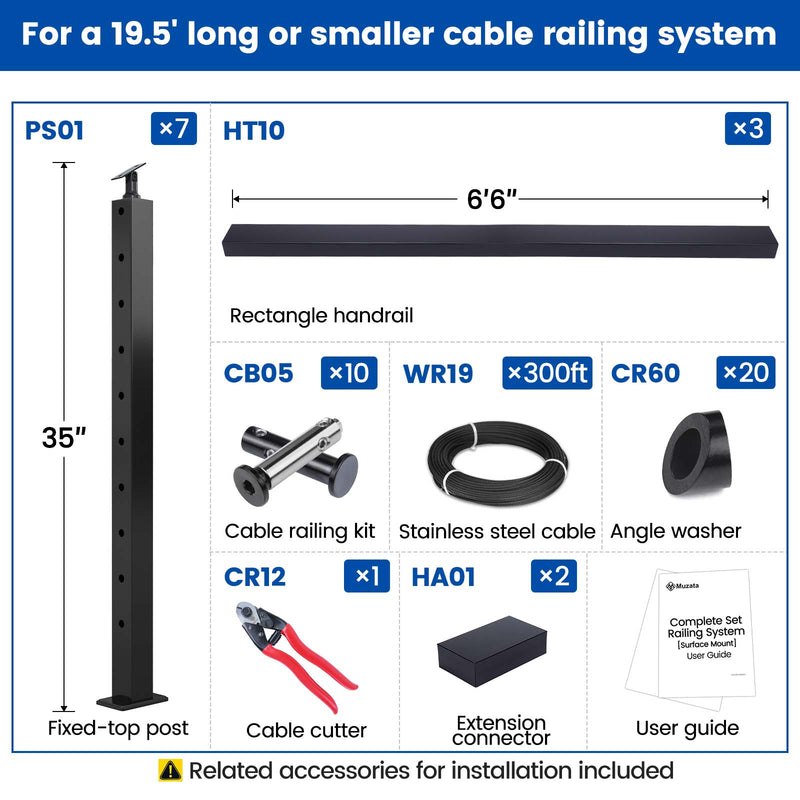 Load image into Gallery viewer, Muzata 36&quot; 19.5ft Black Surface Mount Stair Cable Railing Kit Detail
