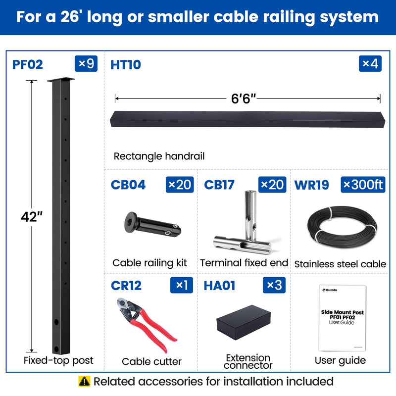 Load image into Gallery viewer, Muzata 36&quot; 26ft Black Side Mount Cable Railing Kit Detail
