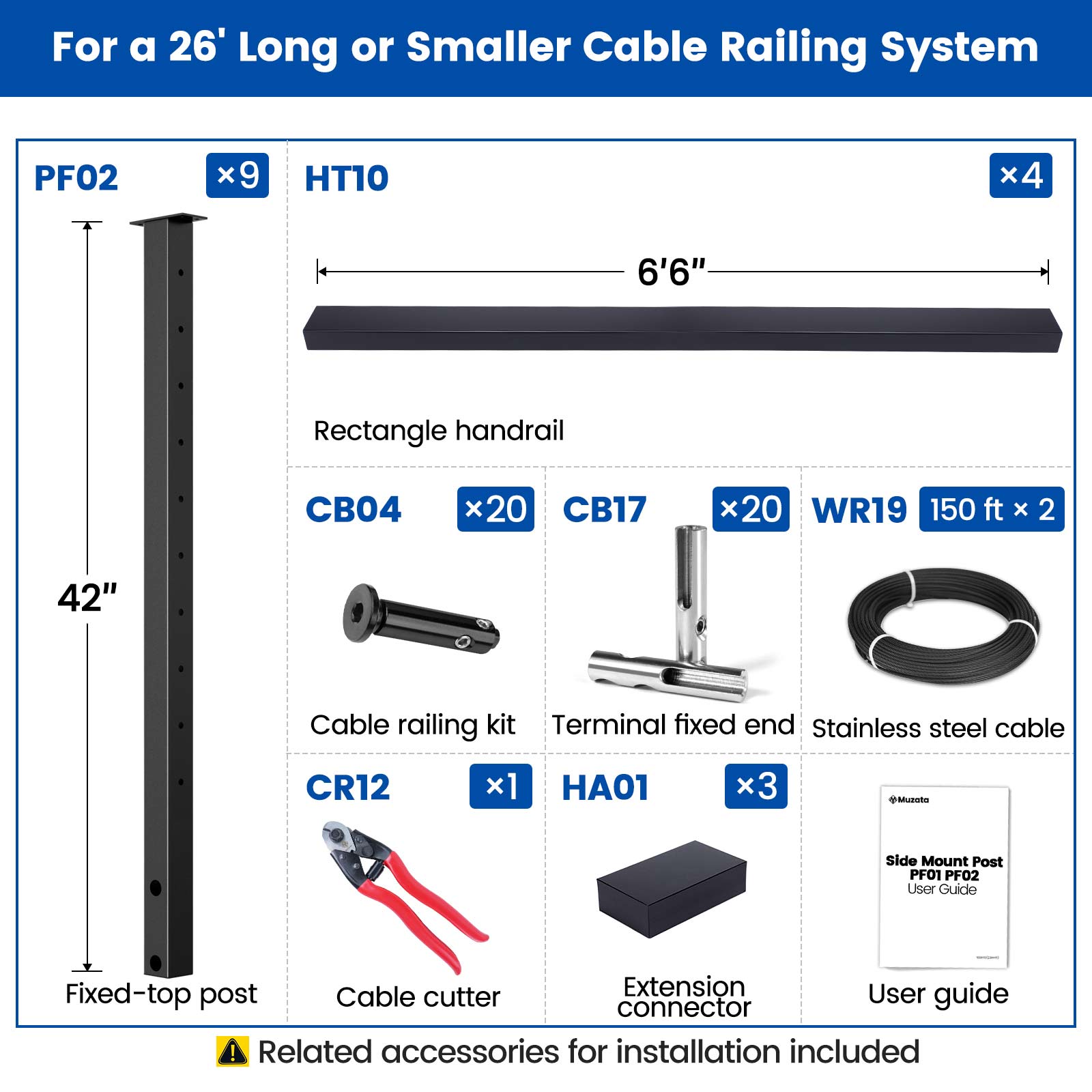 LG01060055 cable railing kit dimensions and package contents