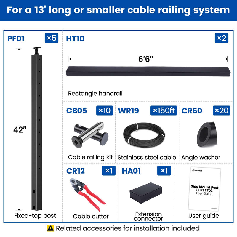 Load image into Gallery viewer, Muzata 36&quot; 13ft Black Side Mount Horizontal Cable Railing Kit Detail
