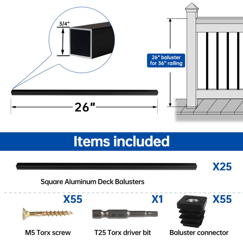 Load image into Gallery viewer, Muzata-26-inch-square-aluminum-baluster-WT12-size
