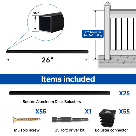 Muzata-26-inch-square-aluminum-baluster-WT12-size