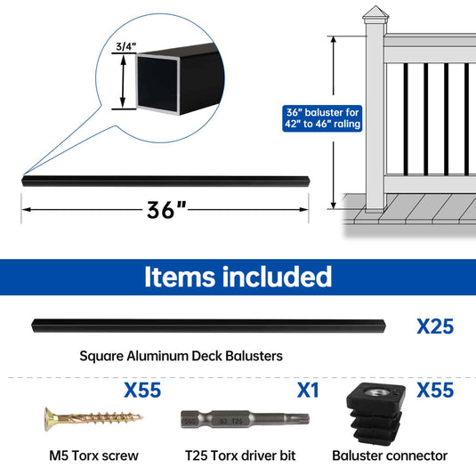 Muzata-36-inch-square-aluminum-baluster-WT13-size