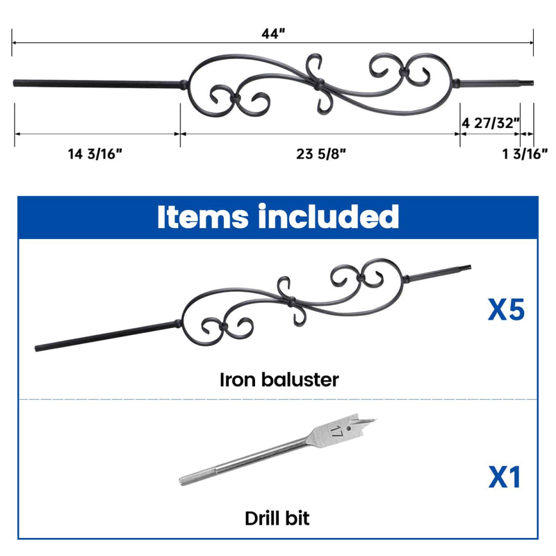 Load image into Gallery viewer, Muzata-44-inch-S-Scroll-wrought-iron-baluster-WT03-size
