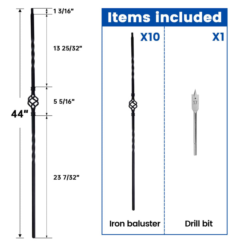 Load image into Gallery viewer, Muzata-44-inch-single-basket-wrought-iron-baluster-WT04-size
