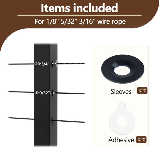 Scoladi™ 20Pack Cable Railing Kit Black Adhesive Sleeves for 1/8" 5/32" 3/16'' Wire Rope, T316 Stainless Steel Cable Railing Hardware for Protect Metal Wood Post, Covering Rope Holes for Deck Stair Railing