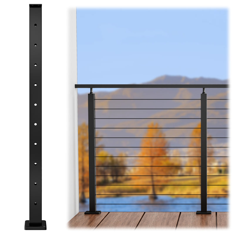 Load image into Gallery viewer, Strasee™ 42&quot; surface Mount with 10 holes Cable Railing Post Adjustable Top Level Line Black Post Stainless Steel Wood Level Deck
