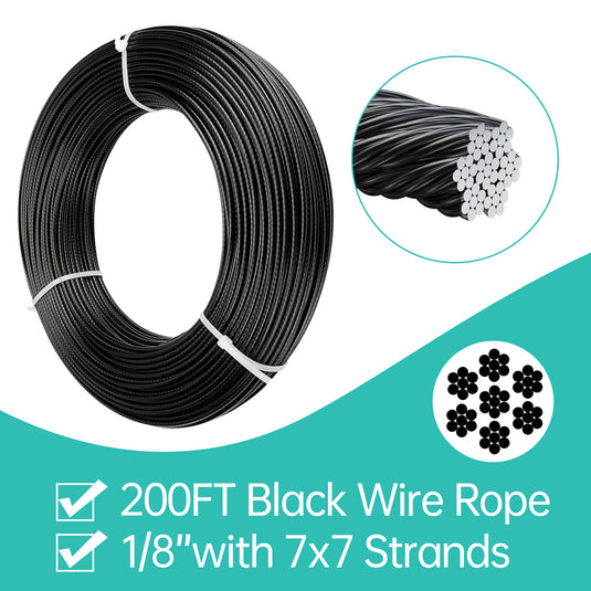 Strasee™;200ft Black T316 Stainless Steel Cable 1/8" Wire Rope Cable Railing Systems Flexible and Rustproof with 7 x 7 Strands Construction