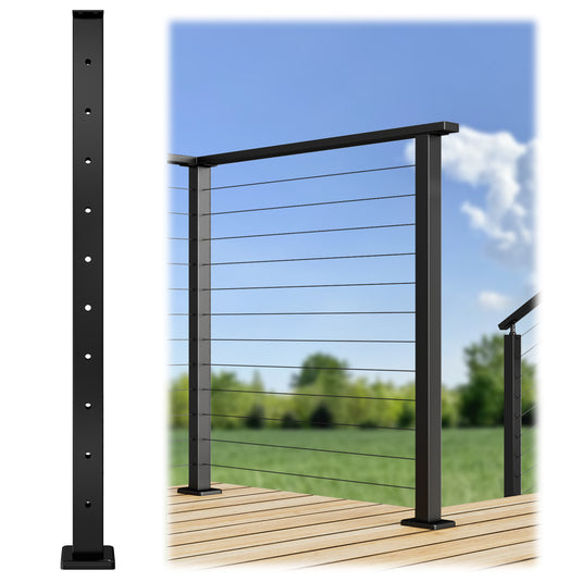 Strasee™ 36" pre-drilled with 10 holes Straight Cable Railing Post Fixed Top Black Powder Coated Post Steel Wood Deck