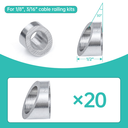 Strasee™ 20Pack 3/8" ID 30 Degree Angle Beveled Washer for 1/8", 3/16" cable railing, T316 Stainless Steel Invisible Cable Railing Kits, fis for Metal & Wood posts