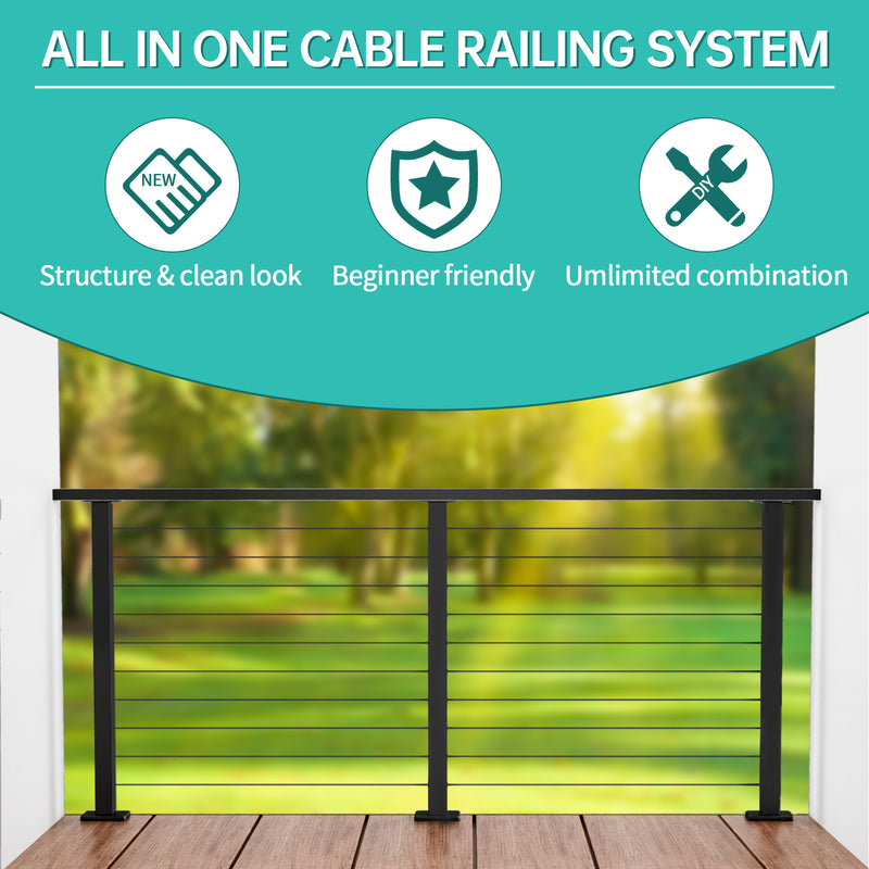 Load image into Gallery viewer, Strasee™ 3ft-6.5ft All-in-One Cable Railing System 36&quot; Black Post Handrail One-Stop Service Full Set DIY Kit
