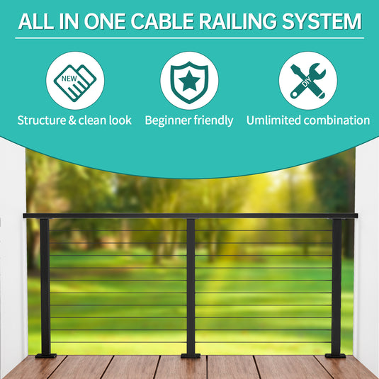 Strasee™ 3ft-6.5ft All-in-One Cable Railing System 36" Black Post Handrail One-Stop Service Full Set DIY Kit