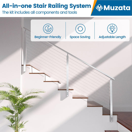 Muzata 36" 6.5ft 13ft Stair Cable Railing System Complete Set, One Stop Service All-in-One DIY Kit Fit