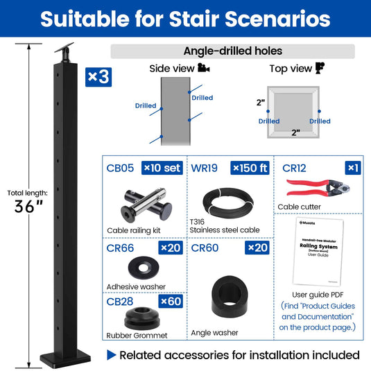 Angle Mount Railing Black Surface Mount Cable Railing System No-Handrail for Stairsm | Muzata