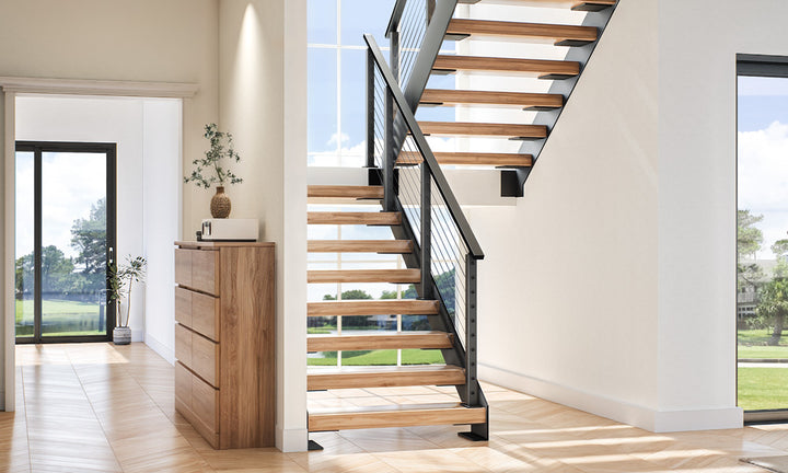Dual Railing Custom Dual Stringer Floating Stairs with Cable Railing | Muzata