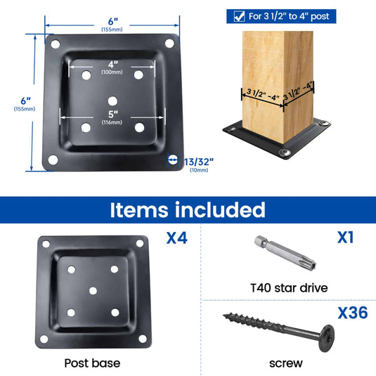 Muzata 3.5" x 3.5" to 4" x 4" Plate Connector Brackets for Wood Post WT08