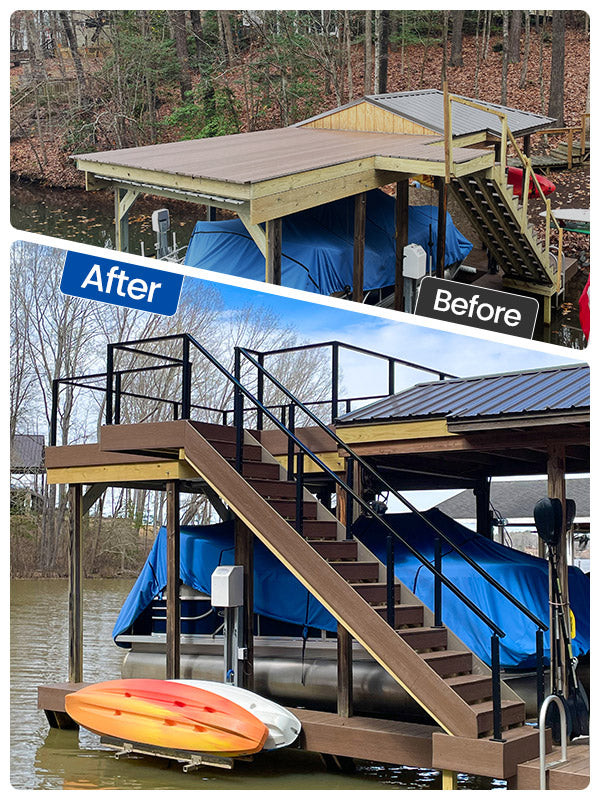 Outdoor lakeside deck with Muzata black cable railing system