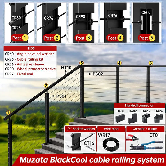 Muzata 42"x2"x2" Level-drilled Top Black Post Stainless Steel PS01 BH4L