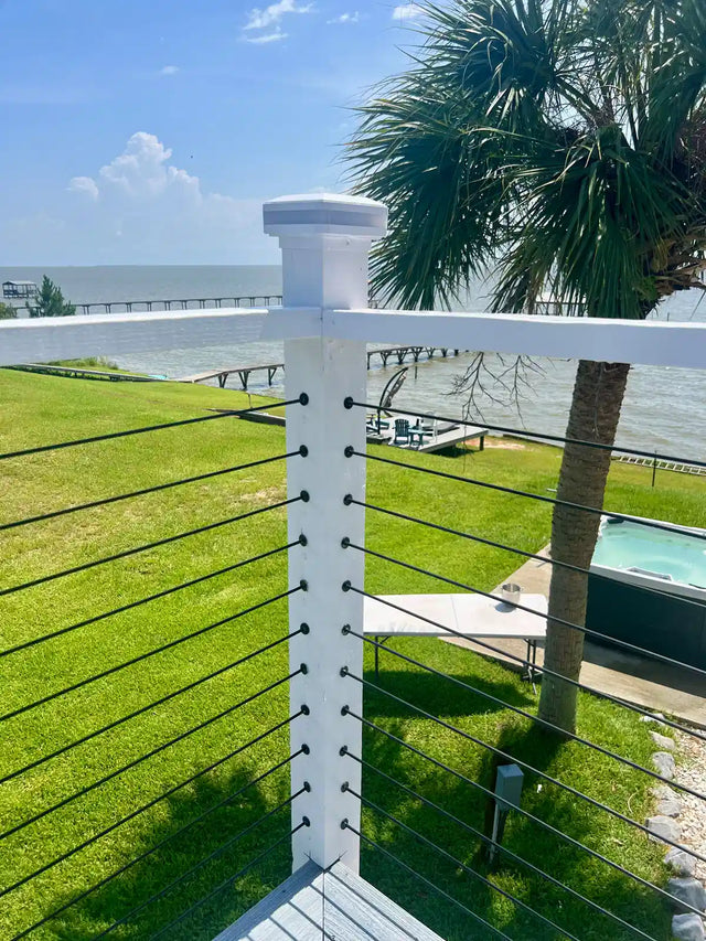 details display of cable railing with wood posts