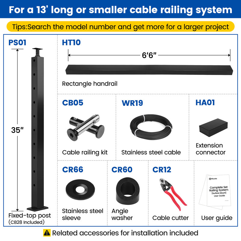 Load image into Gallery viewer, Muzata 36&quot; 6.5ft-19.5ft Black Surface Mount All-in-One Stair Cable Railing System DIY Kit, One Stop Service Complete Set
