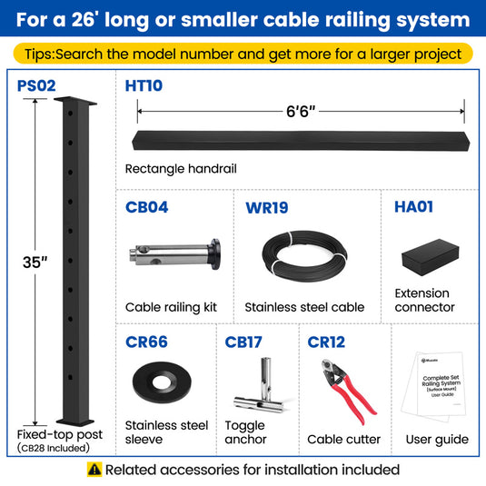 Muzata 36" 6.5ft-26ft Black Surface Mount All-in-One Cable Railing System DIY Kit, One Stop Service Complete Set