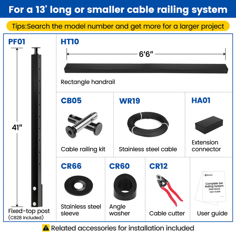 Load image into Gallery viewer, Muzata 36&quot; 6.5ft-19.5ft Black Side Mount All-in-One Stair Cable Railing System DIY Kit, One Stop Service Complete Set
