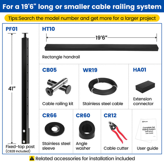 Muzata 36" 6.5ft-19.5ft Black Side Mount All-in-One Stair Cable Railing System DIY Kit, One Stop Service Complete Set