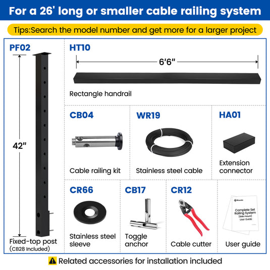 Muzata 36" 6.5ft-26ft Black Side Mount All-in-One Cable Railing System DIY Kit, One Stop Service Complete Set