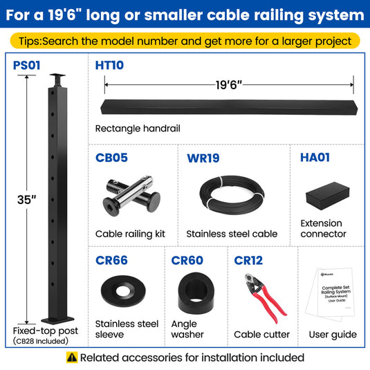 Muzata 36" 6.5ft-19.5ft Black Surface Mount All-in-One Stair Cable Railing System DIY Kit, One Stop Service Complete Set