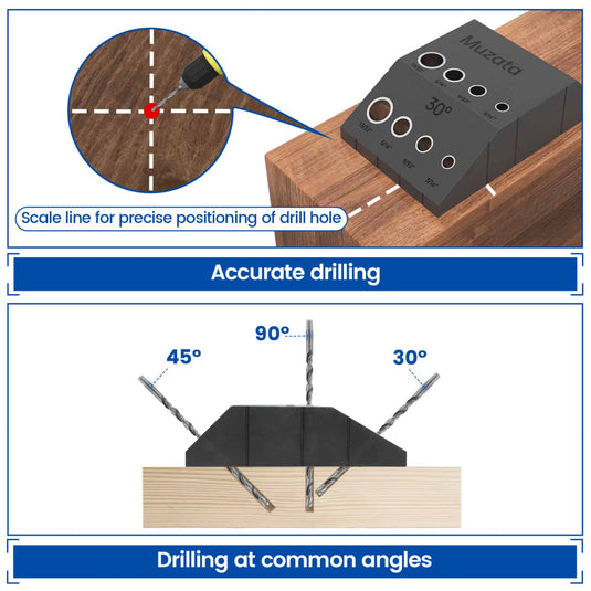 Muzata CT24 drill guide jig showing precise drilling angles on wood surface.