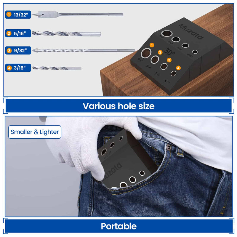 Load image into Gallery viewer, Muzata CT24 drill guide jig with drill bits and hole sizes, illustrating portability.
